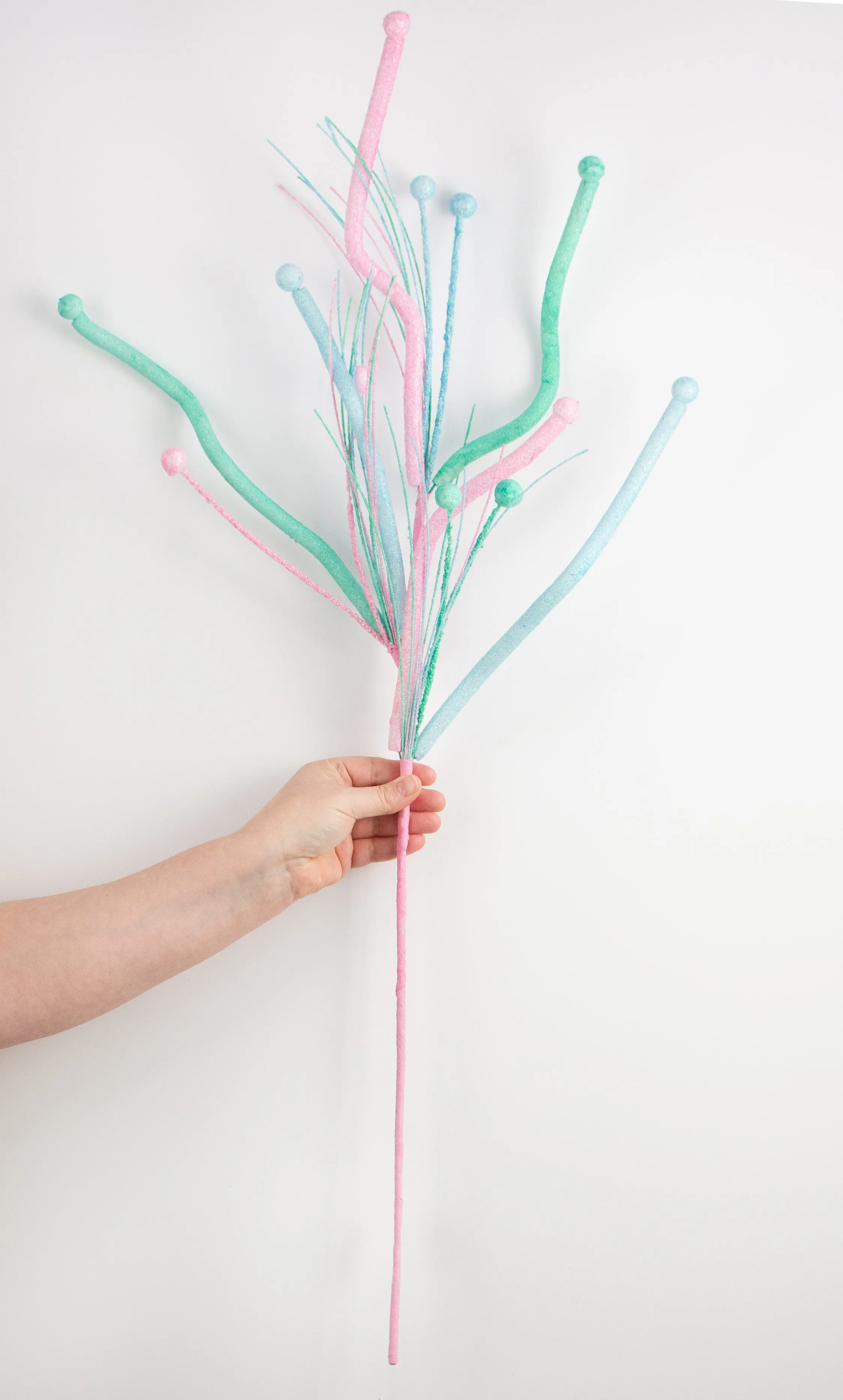 36" Glitter Twig Fishline Ball Spray: Iridescent Turquoise, Light Pink, Light Blue