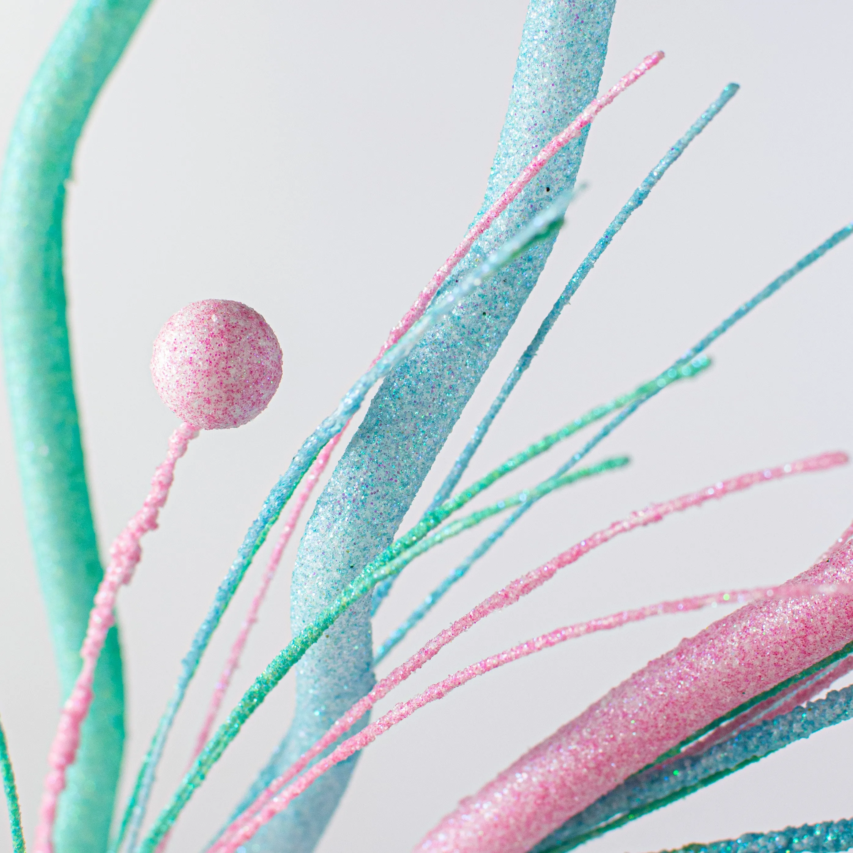 36" Glitter Twig Fishline Ball Spray: Iridescent Turquoise, Light Pink, Light Blue