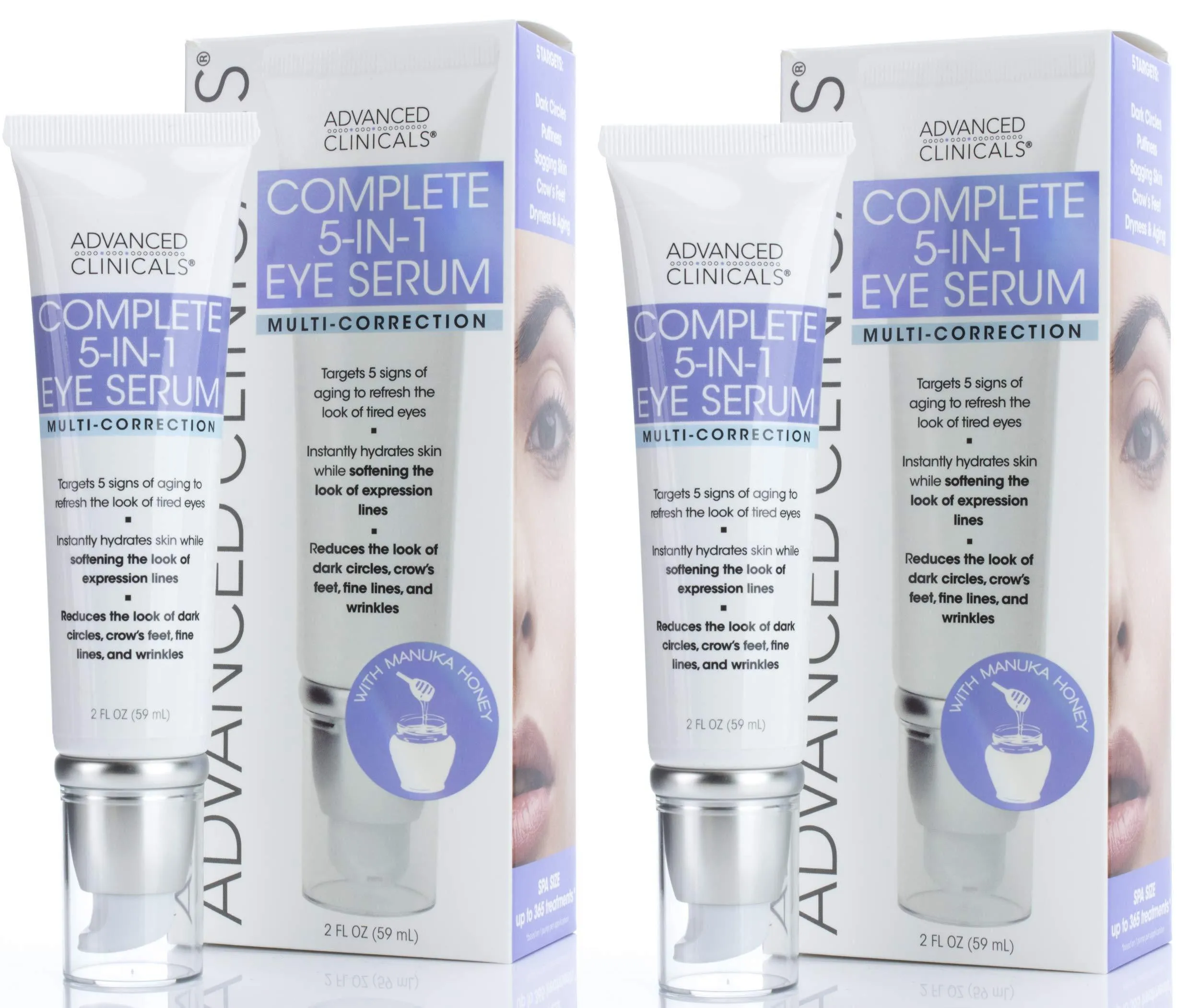 Advanced Clinicals 5-in-1 Multi Correction Anti-Aging Eye Serum w/Retinol, Collagen, Vitamin C, & Manuka Honey. For dark circles, wrinkles, crow's feet, fine lines. (Two - 2oz)