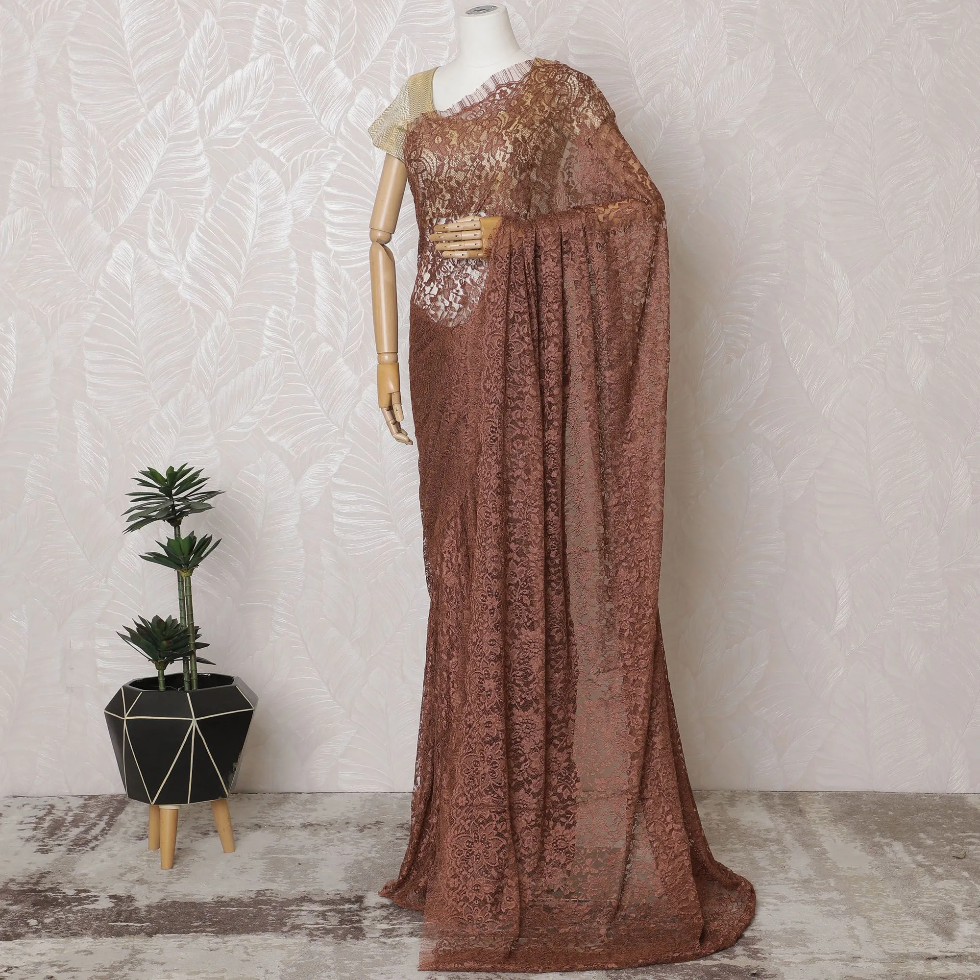 Blush Rose Lace Saree: French Couture Elegance, Blouse Excluded-D17453