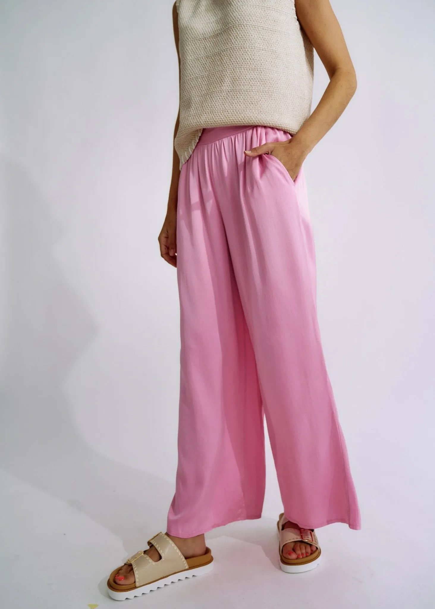 Italian Satin Palazzo Pants in Soft Pink