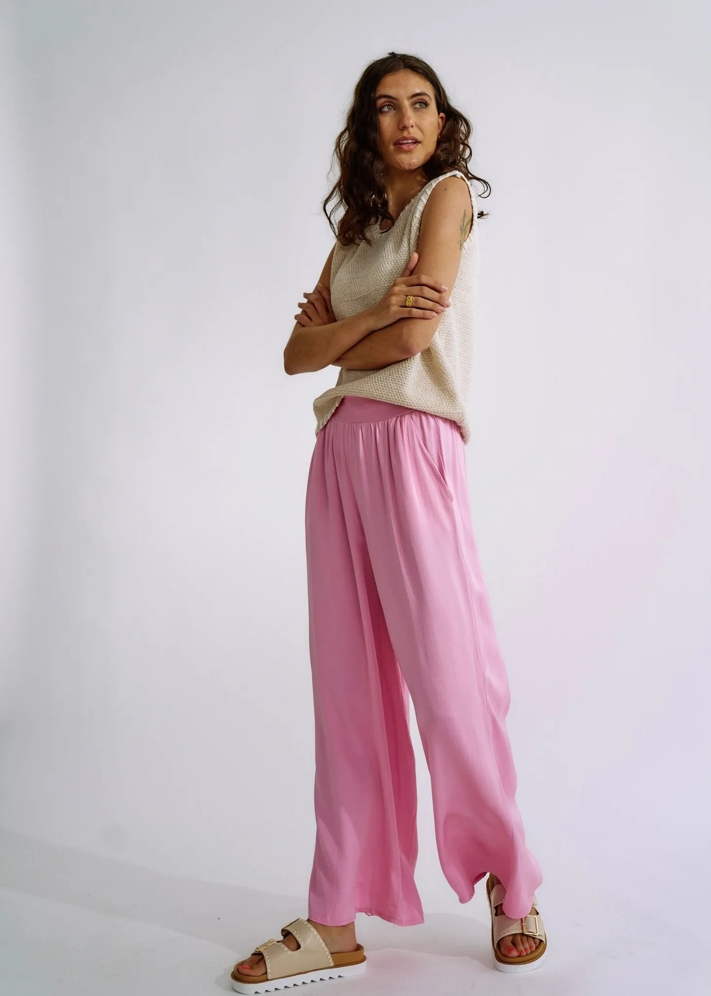 Italian Satin Palazzo Pants in Soft Pink