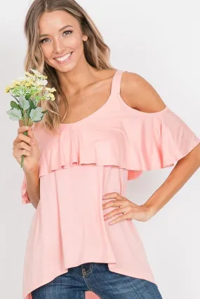 Ruffled Cold Shoulder Blush Top