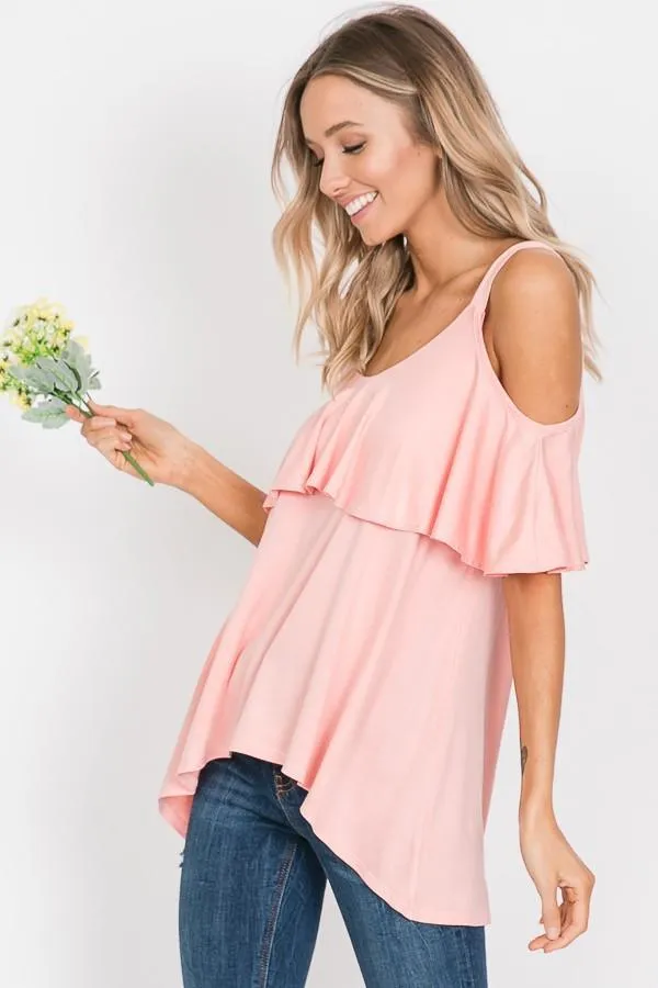 Ruffled Cold Shoulder Blush Top