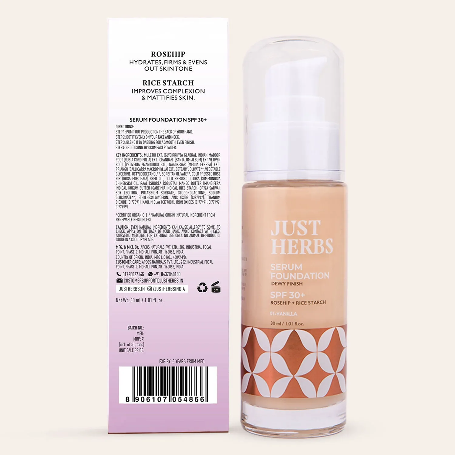 Serum Foundation Dewy Finish SPF 30  with Rosehip and Rice Starch - Caramel