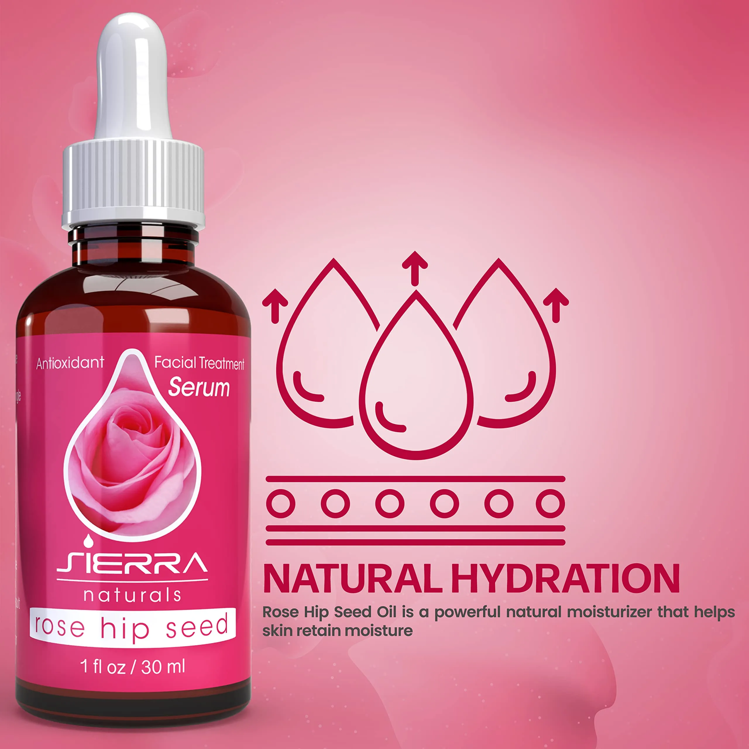 Sierra Naturals Rose Hip Seed Oil Serum Natural Moisturizer Vitamins C & A, Omega 6, 1 oz
