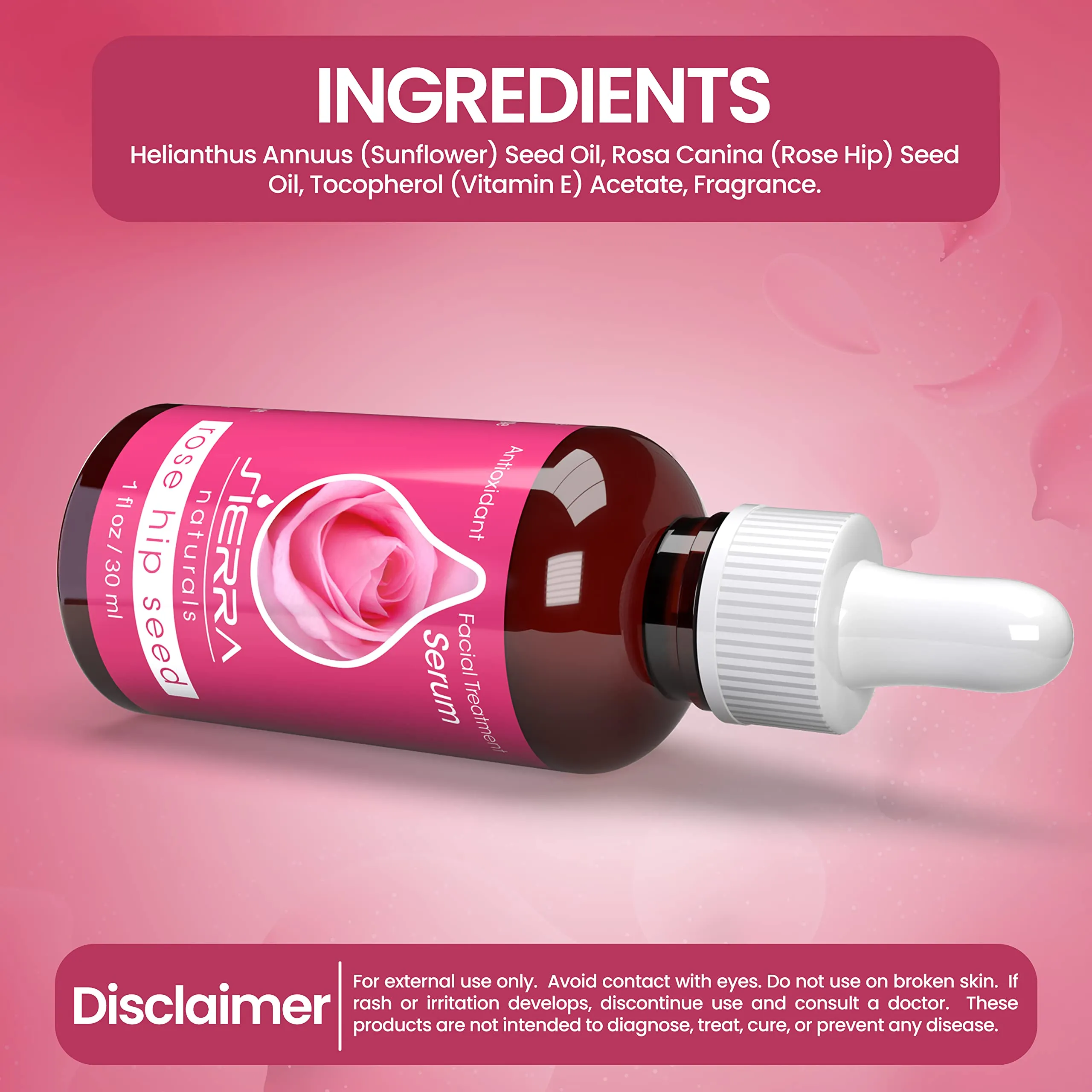 Sierra Naturals Rose Hip Seed Oil Serum Natural Moisturizer Vitamins C & A, Omega 6, 1 oz